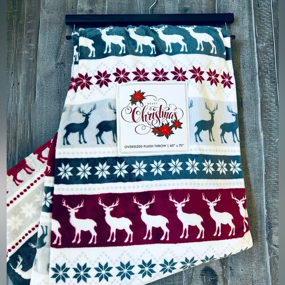 Reindeer Nordic Woodland Plush Holiday Christmas Throw Blanket